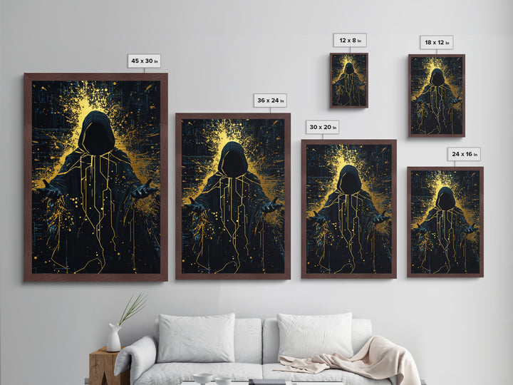 Hooded Cyber Mage Metallic Gold Art Metal Art, Futuristic Spooky Halloween Gothic Wall Art Framed in Solid Wood