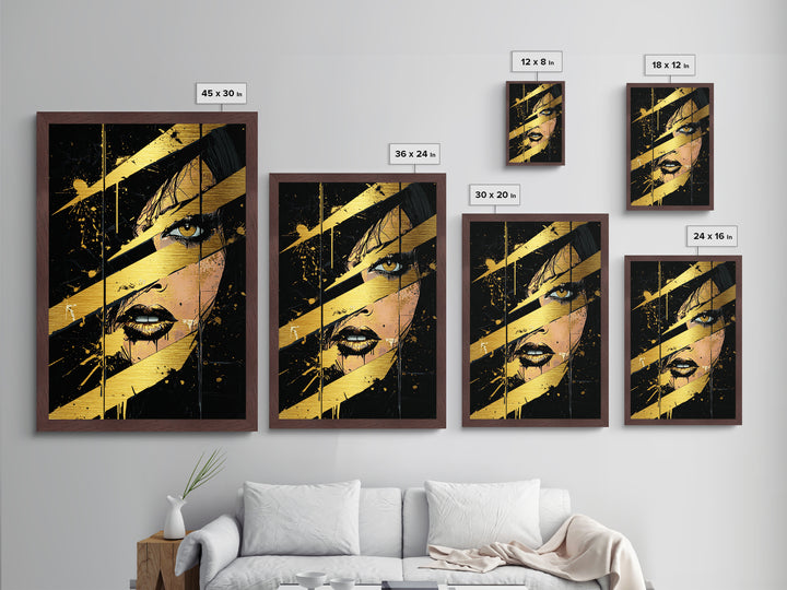 Creepy Woman’s Gaze with Claw Marks, Halloween Metallic Gold Art Metal Art, Spooky Wall Hanging in Real Wood Framed Design