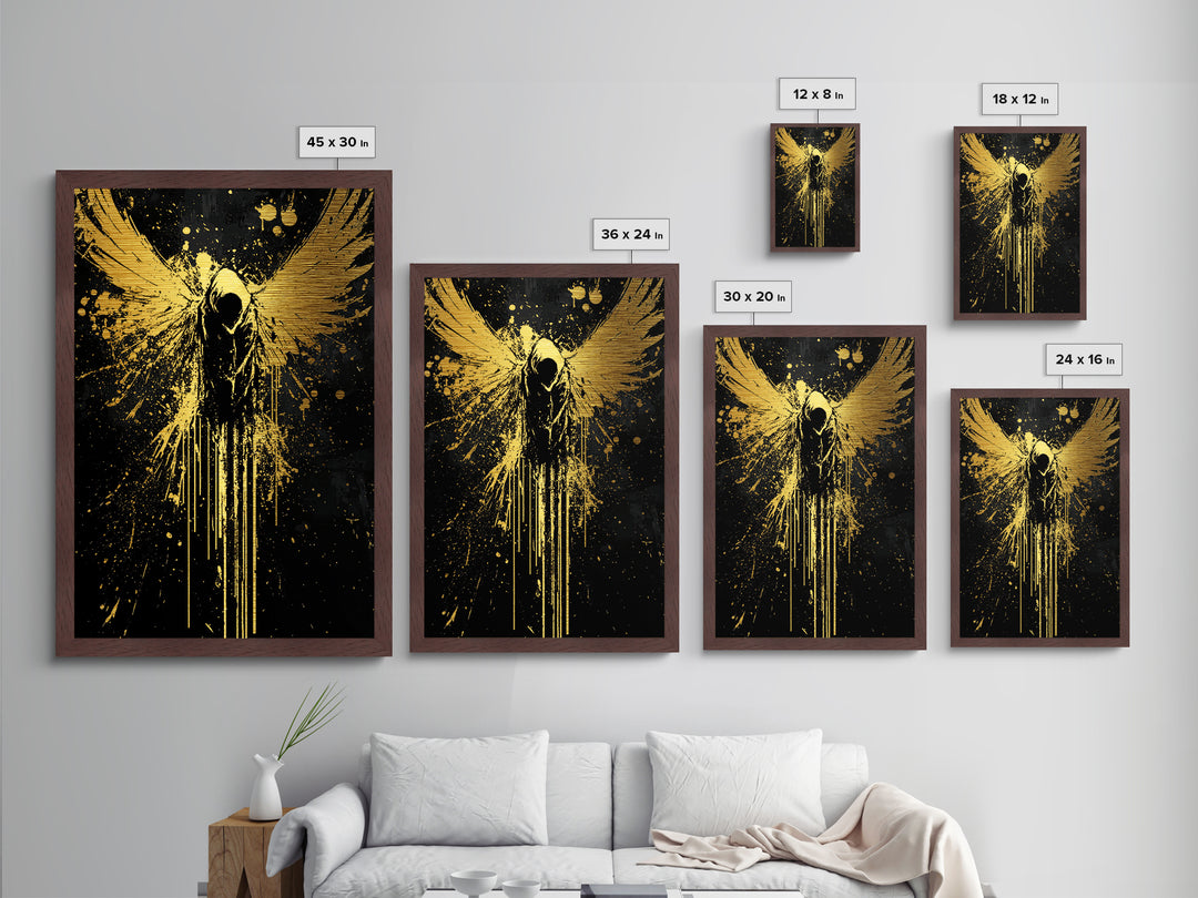 Dark Angel with Wings Spread, Halloween Metallic Gold Art Metal Art, Spooky Gothic Wall Hanging in Framed Real Wood Design