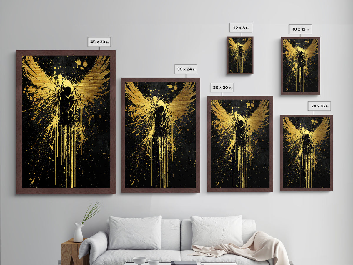 Dark Angel with Wings Spread, Halloween Metallic Gold Art Metal Art, Spooky Gothic Wall Hanging in Framed Real Wood Design