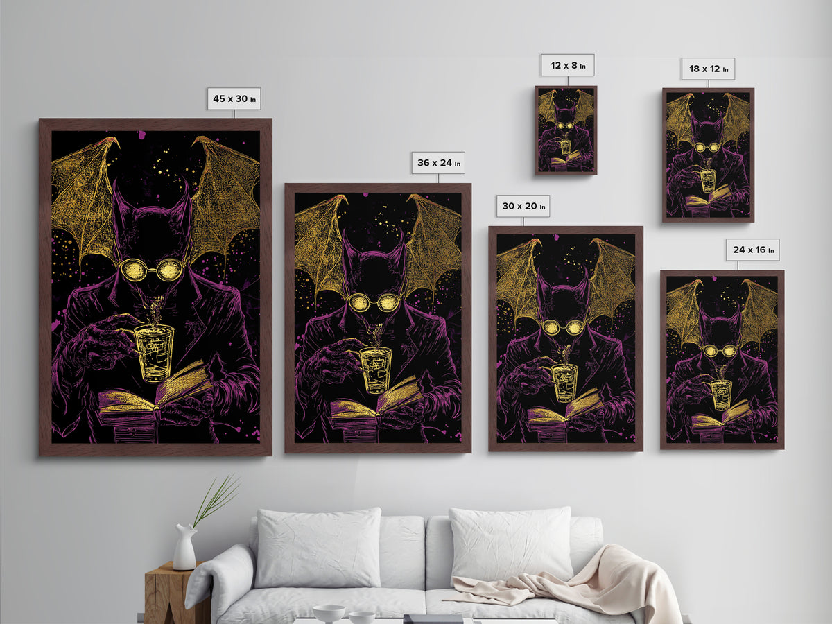 Bat Demon in Suit with Book – Metallic Gold Art, Spooky Vampire Metal Art with Real Wood Frame, Halloween Gothic Wall Decor