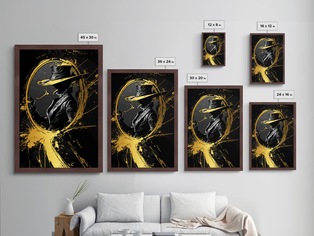 Haunted Hat Silhouette in Oval Frame, Spooky Halloween Metallic Gold Art Metal Art, Gothic Wall Hanging with Real Wood Frame
