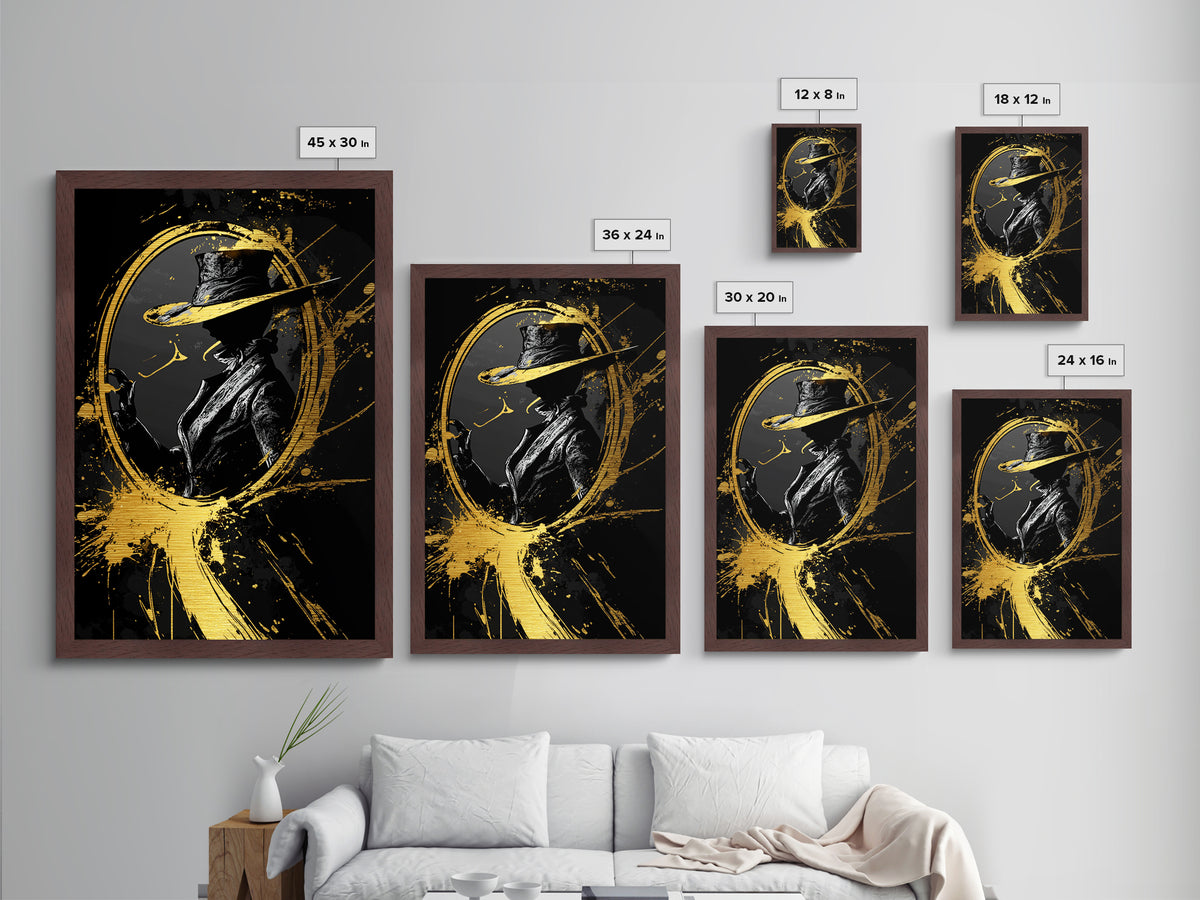 Haunted Hat Silhouette in Oval Frame, Spooky Halloween Metallic Gold Art Metal Art, Gothic Wall Hanging with Real Wood Frame