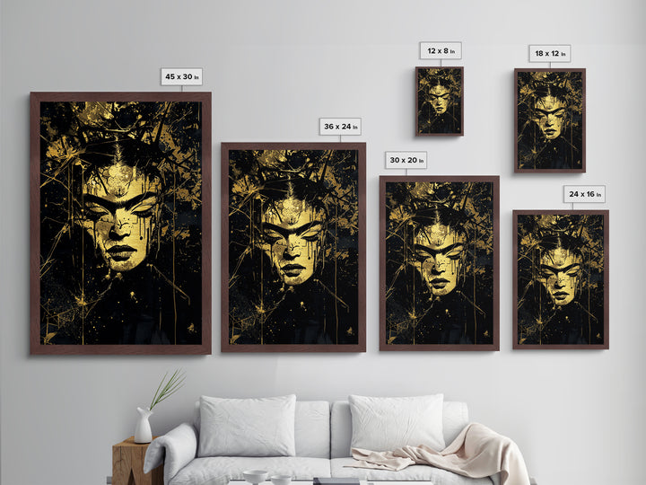 Dark Gothic Face with Crown, Horror Metallic Gold Art Metal Art, Framed Spooky Halloween Portrait in Authentic Wood Frame