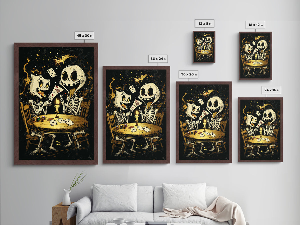 Eerie Shrouded Skeleton Holding Chess Piece, Metallic Gold Art, Spooky Gothic Metal Art Wall Hanging with Wood Frame