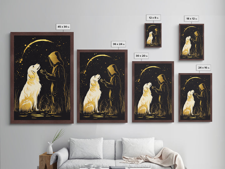 Ghostly Figure in Splattered Gold, Metallic Gold Art Metal Art Print, Framed Halloween Horror Scene in Natural Wood Frame