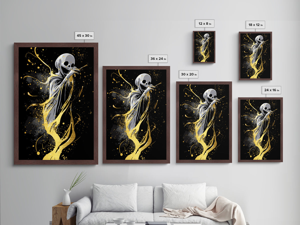 Mystic Masked Woman with Feathers, Gothic Metallic Gold Art, Spooky Season Metal Art Print Framed in Authentic Wood