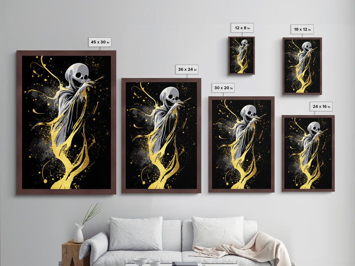 Mystic Masked Woman with Feathers, Gothic Metallic Gold Art, Spooky Season Metal Art Print Framed in Authentic Wood