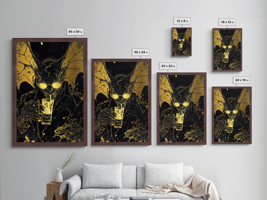 Gold Splatter Demon with Drink – Metallic Gold Art, Halloween Horror Metal Art in Real Wood Frame, Gothic Vampire Wall Print