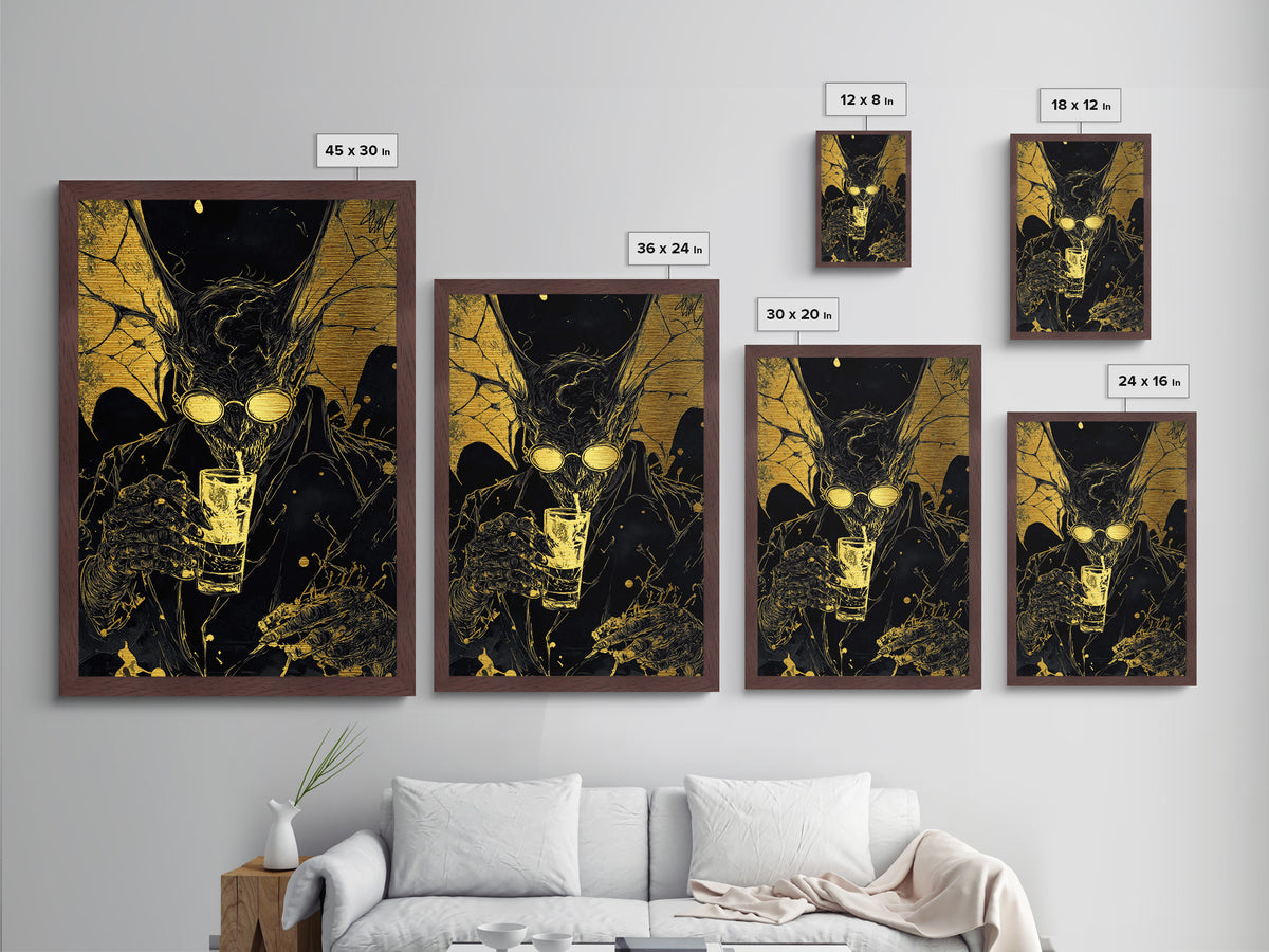 Gold Splatter Demon with Drink – Metallic Gold Art, Halloween Horror Metal Art in Real Wood Frame, Gothic Vampire Wall Print