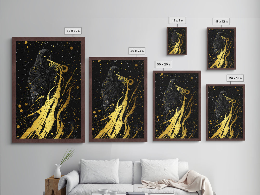 Reaper with Trumpet Metallic Gold Art Metal Art Spooky Halloween Gothic Wall Art in solid real wood frame horror wall décor