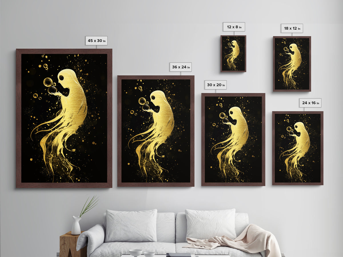 Floating Spirit with Bubbles Metallic Gold Art Metal Art Halloween Spooky Season Décor framed in authentic real wood wall art