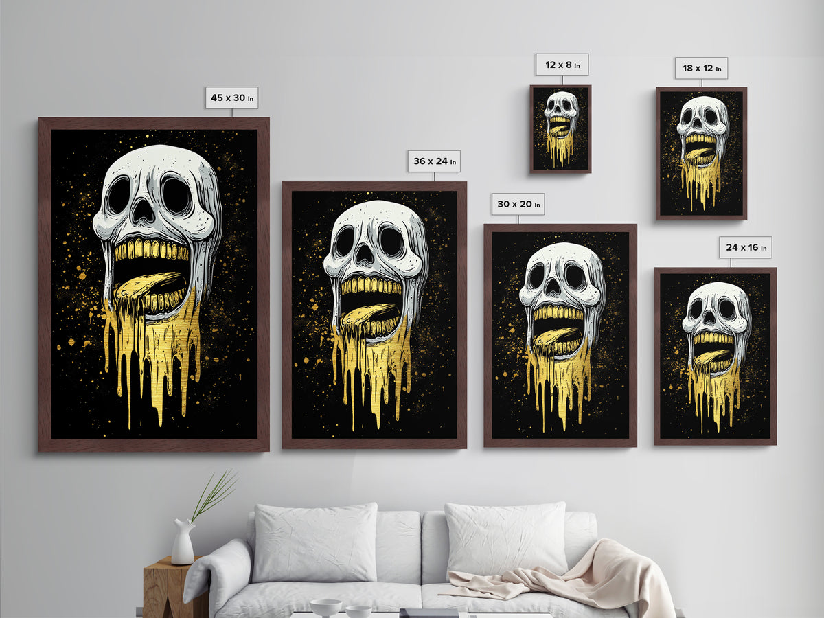 Melting Skull Horror Metallic Gold Art Metal Art Gothic Halloween Creepy Wall Hanging in rustic real wood frame spooky décor