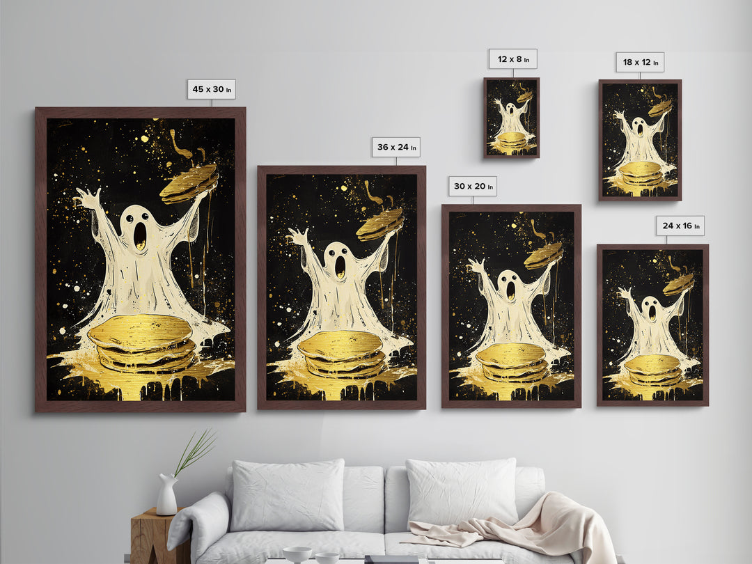Ghost Pancake Breakfast Metallic Gold Art Metal Art Spooky Halloween Wall Décor framed in natural real wood playful haunted art