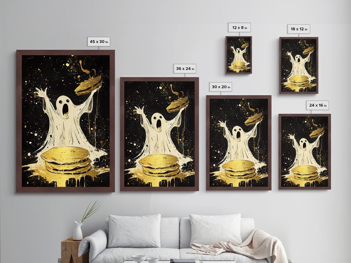 Ghost Pancake Breakfast Metallic Gold Art Metal Art Spooky Halloween Wall Décor framed in natural real wood playful haunted art
