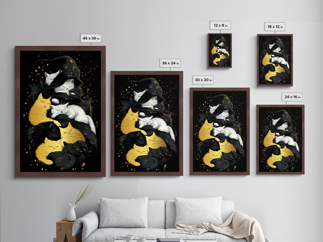 Witchy Cats Nap Metallic Gold Art Metal Art Halloween Gothic Feline Spooky Wall Decor framed with handcrafted real wood frame