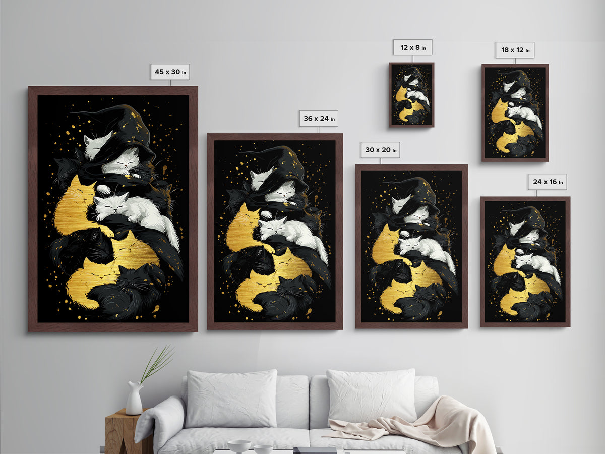 Witchy Cats Nap Metallic Gold Art Metal Art Halloween Gothic Feline Spooky Wall Decor framed with handcrafted real wood frame