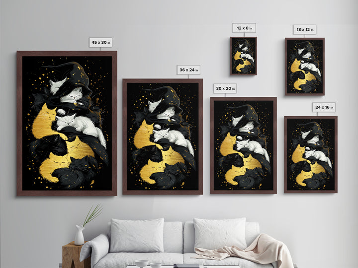 Witchy Cats Nap Metallic Gold Art Metal Art Halloween Gothic Feline Spooky Wall Decor framed with handcrafted real wood frame