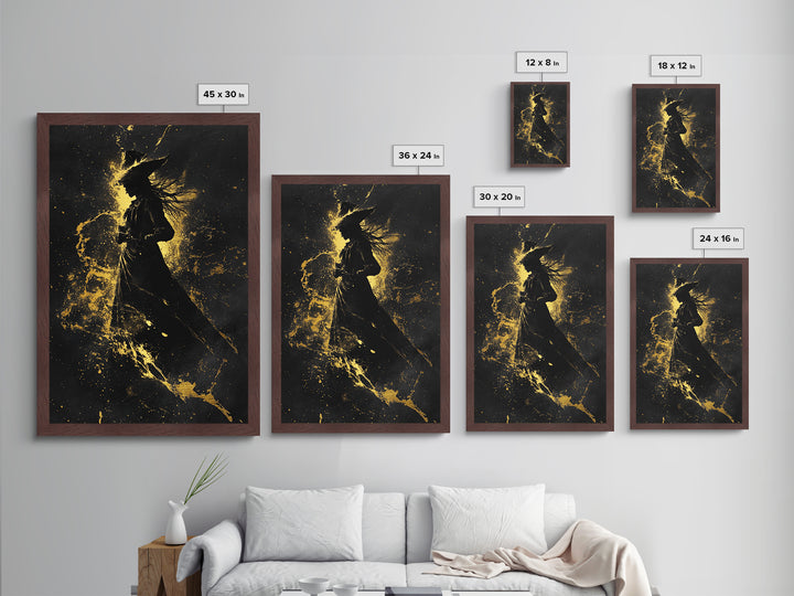 Elegant Witch Silhouette in Gold Explosion – Metallic Gold Art, Halloween Metal Art with Real Wood Frame, Spooky Sorceress Decor