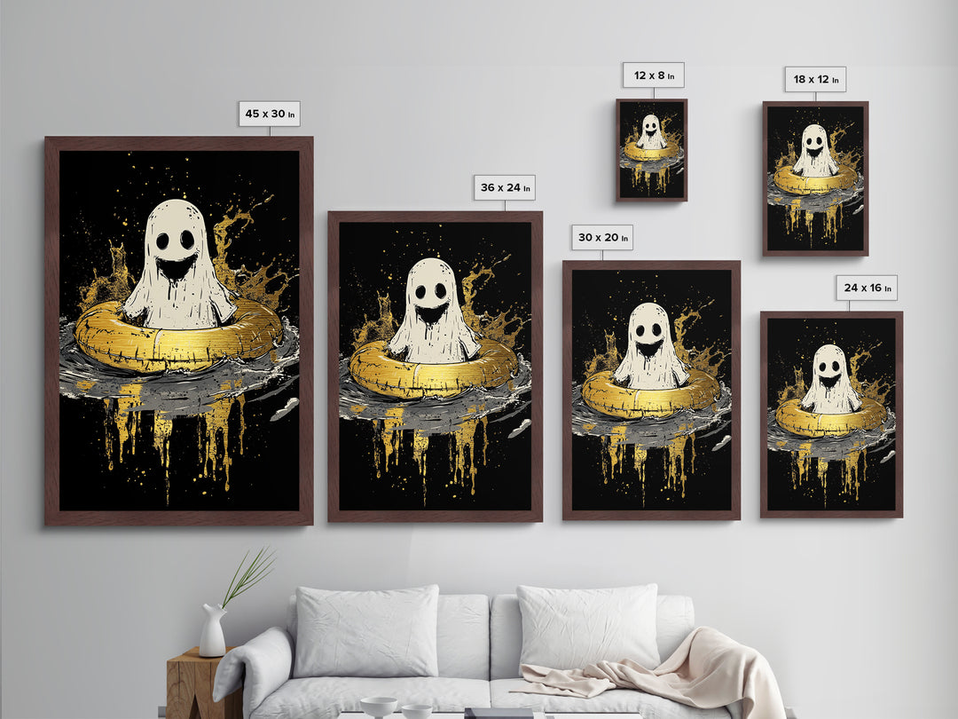Smiling Ghost In Inner Tube Metallic Gold Art Metal Art | Creepy Cute Halloween Artwork Framed In Handcrafted Wood