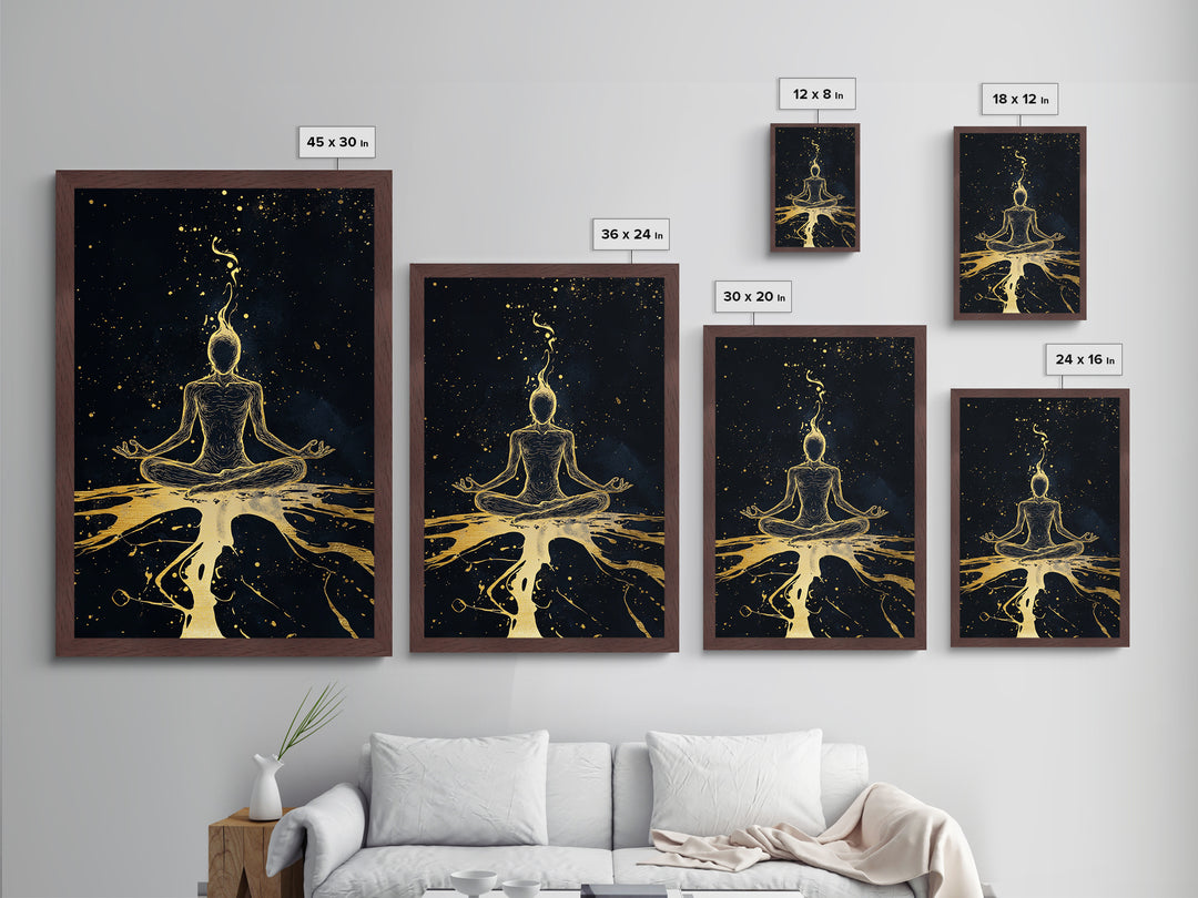 Mystical Meditation Figure Metallic Gold Art Metal Art | Spooky Season Witchy Decor In Real Wood Frame Cosmic Gothic