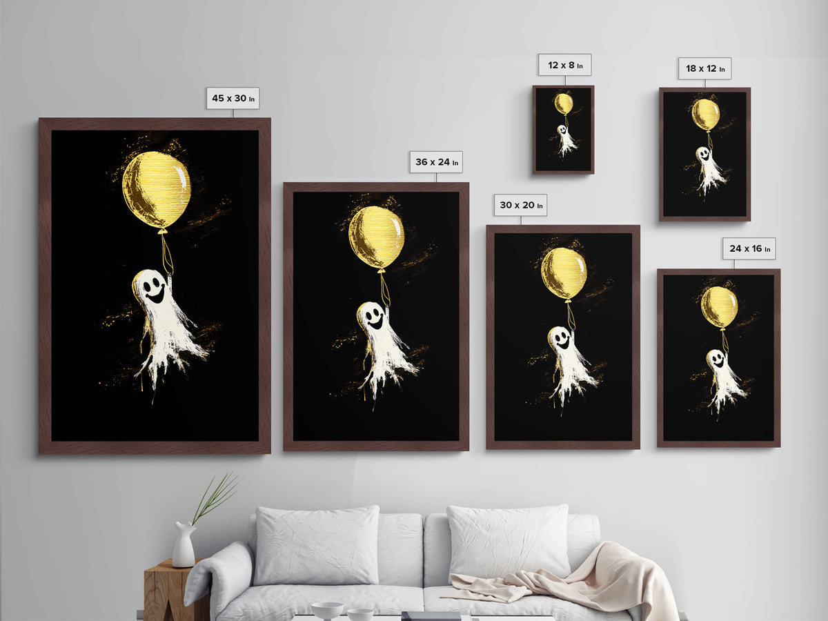 Playful Ghost With Balloon Metallic Gold Art Metal Art | Whimsical Spooky Season Halloween Artwork Real Wood Frame