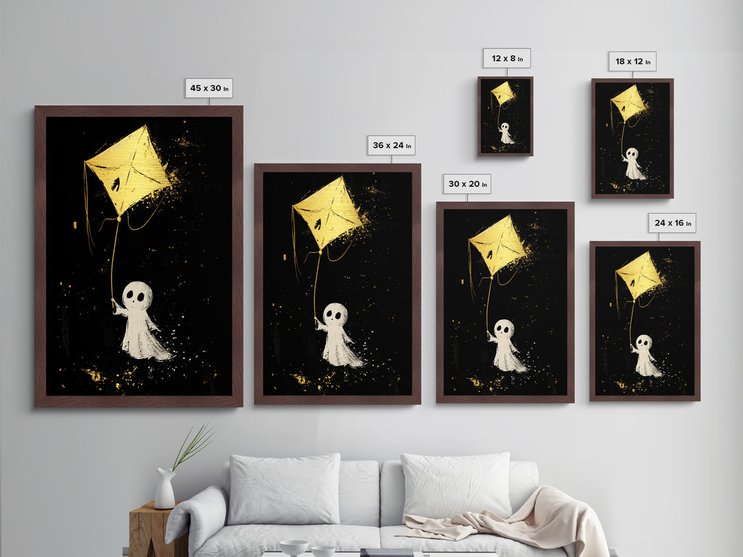 Sweet Ghost Flying A Kite Metallic Gold Art Metal Art | Cute Haunted Halloween Wall Art Framed In Rustic Real Wood