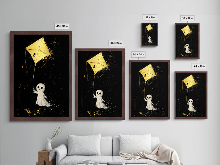 Sweet Ghost Flying A Kite Metallic Gold Art Metal Art | Cute Haunted Halloween Wall Art Framed In Rustic Real Wood