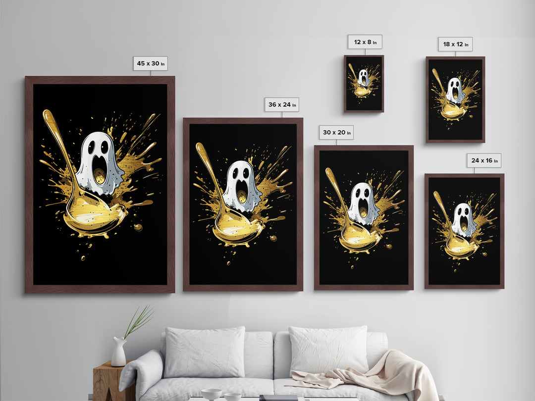 Spooky Ghost And Golden Spoon Metallic Gold Art Metal Art | Creepy Halloween Kitchen Wall Decor Framed In Real Wood