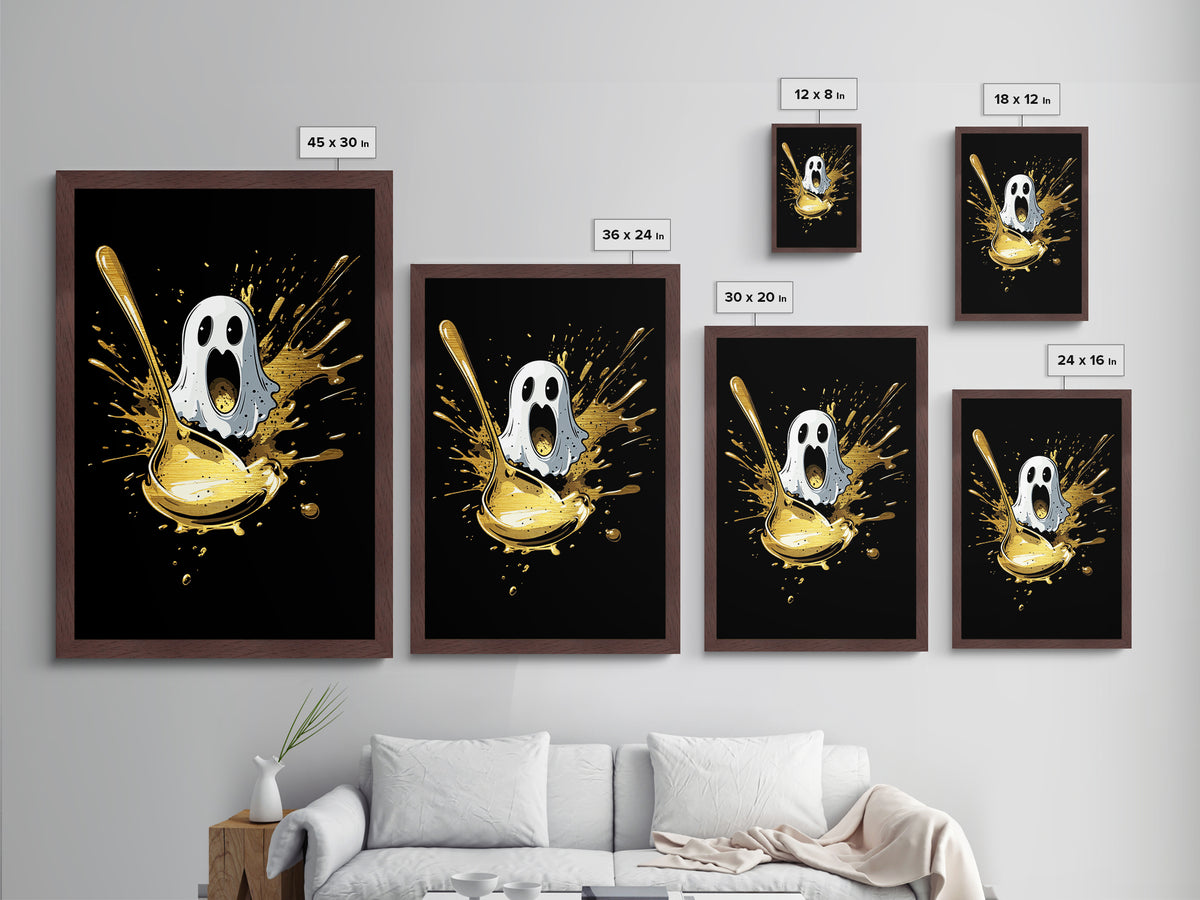 Spooky Ghost And Golden Spoon Metallic Gold Art Metal Art | Creepy Halloween Kitchen Wall Decor Framed In Real Wood