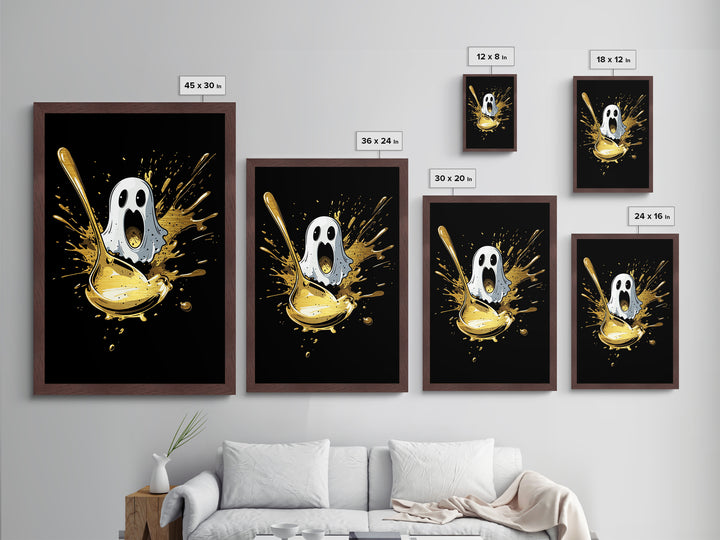 Spooky Ghost And Golden Spoon Metallic Gold Art Metal Art | Creepy Halloween Kitchen Wall Decor Framed In Real Wood