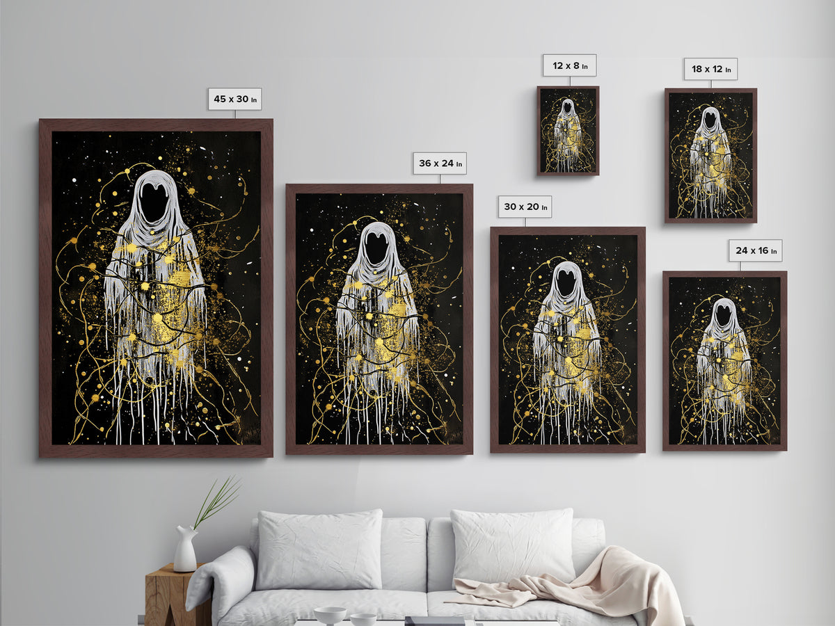 Haunted Spirit Wrapped In Lights Metallic Gold Art Metal Art | Gothic Spooky Season Wall Decor Real Wood Frame Finish