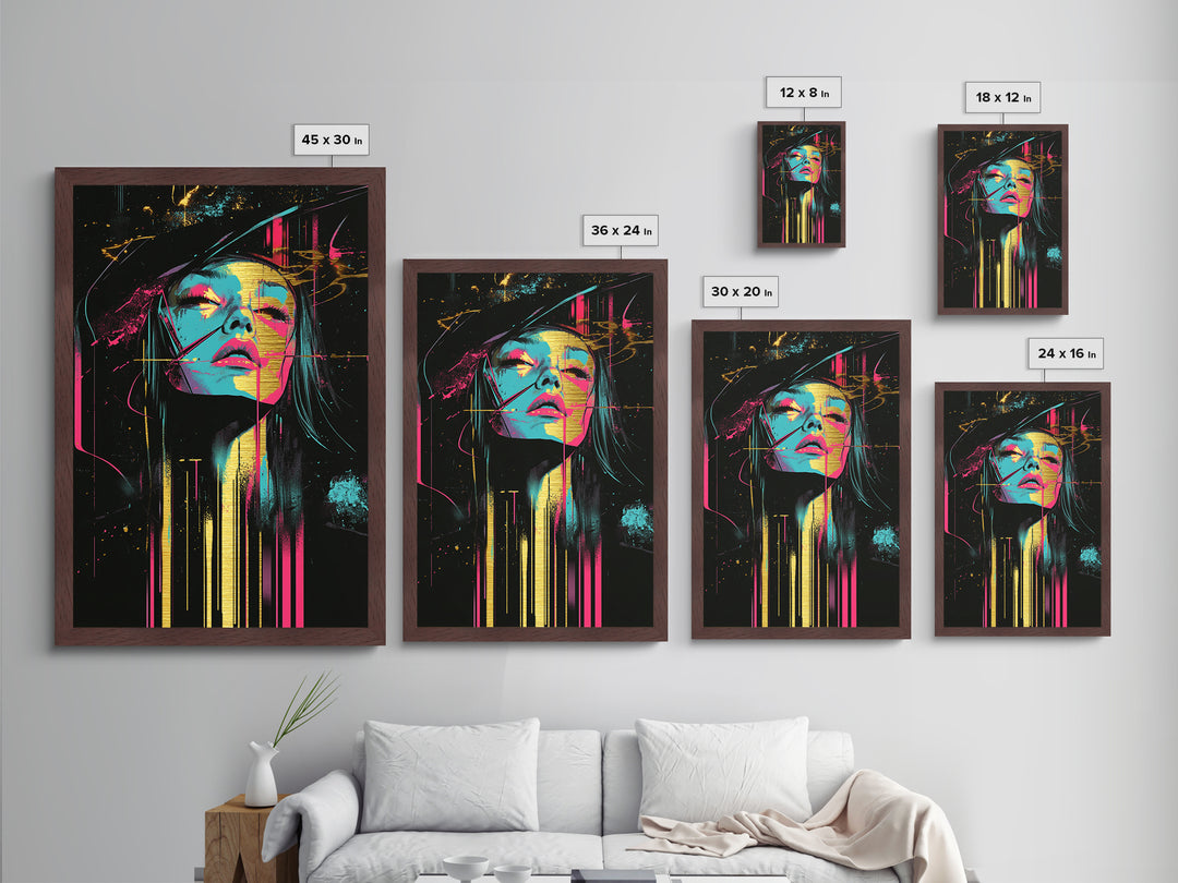 Neon Witch Portrait with Abstract Lines – Metallic Gold Art, Halloween Metal Art in Real Wood Frame, Psychedelic Spooky Decor