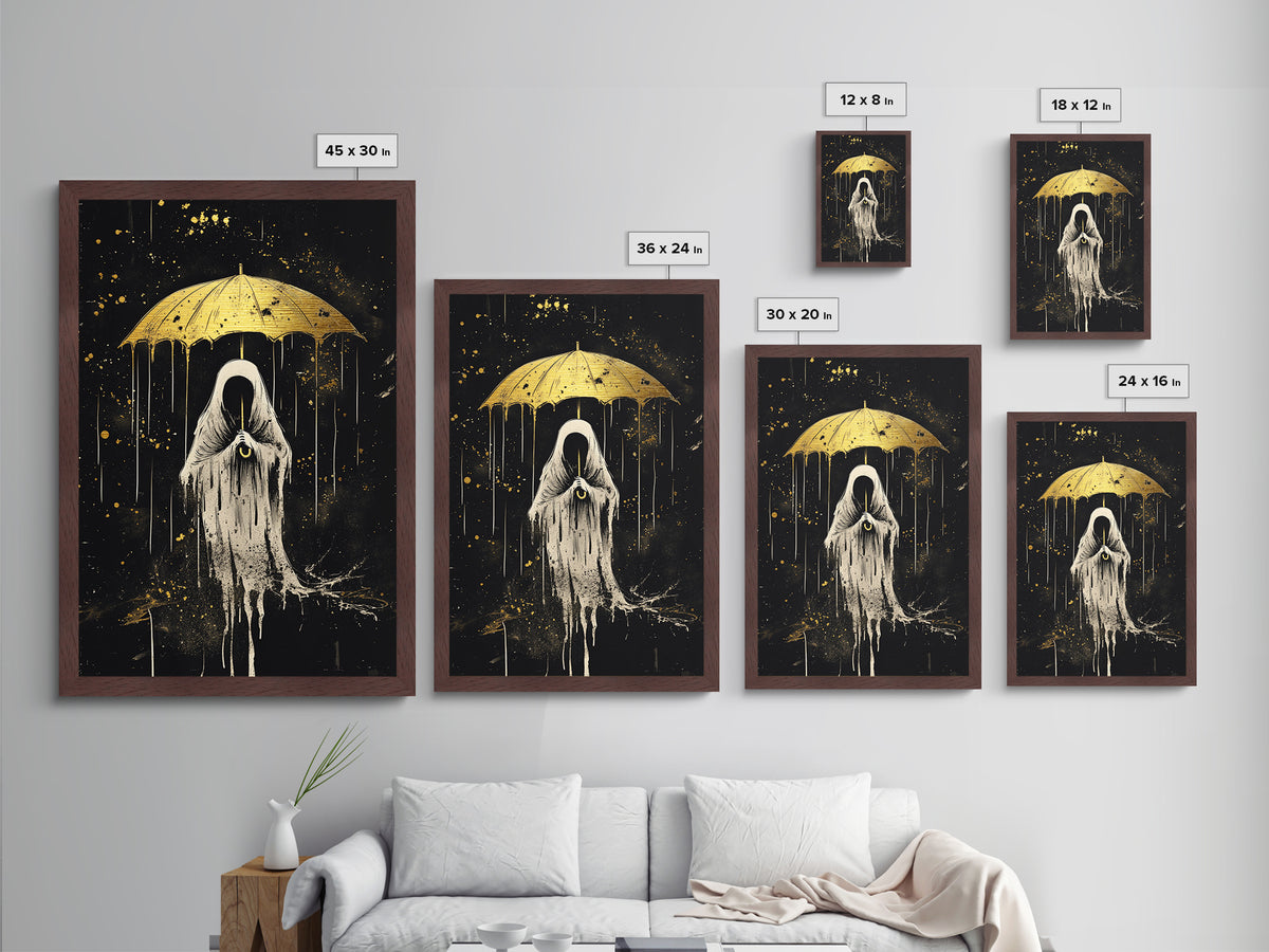 Ghostly Figure With Umbrella Metallic Gold Art Metal Art | Dark Creepy Halloween Wall Art Framed In Authentic Wood
