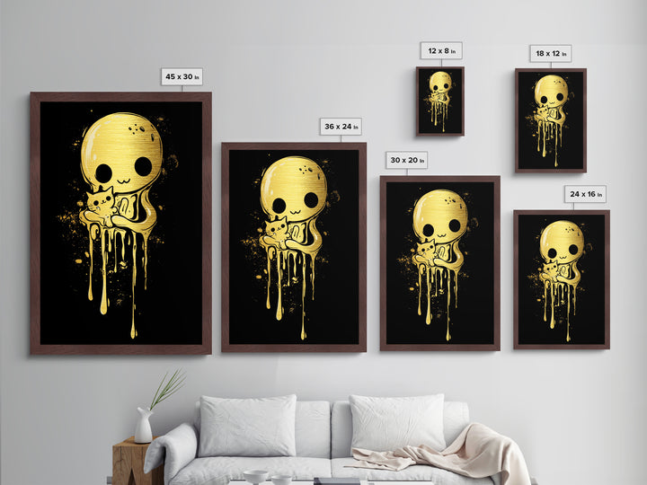 Haunted Cute Ghost Cat Metallic Gold Art, Spooky Halloween Metal Art With Natural Wood Frame, Creepy Cute Goth Home Decor