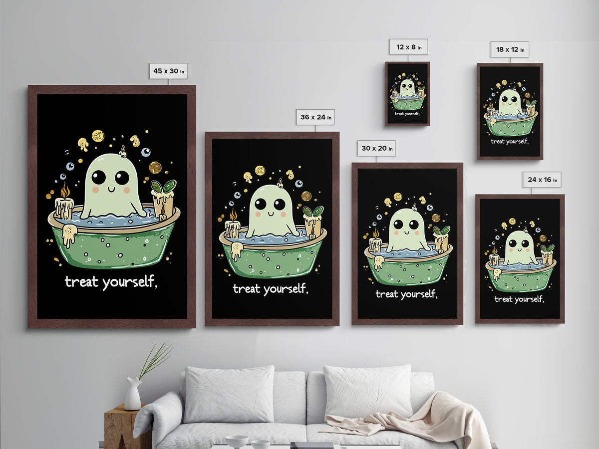 Witchy Ghost Spa Metallic Gold Art, Relaxing Bath Spooky Season Metal Art Framed In Real Wood, Funny Creepy Halloween Print