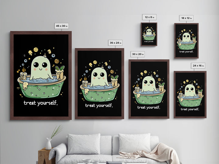 Witchy Ghost Spa Metallic Gold Art, Relaxing Bath Spooky Season Metal Art Framed In Real Wood, Funny Creepy Halloween Print