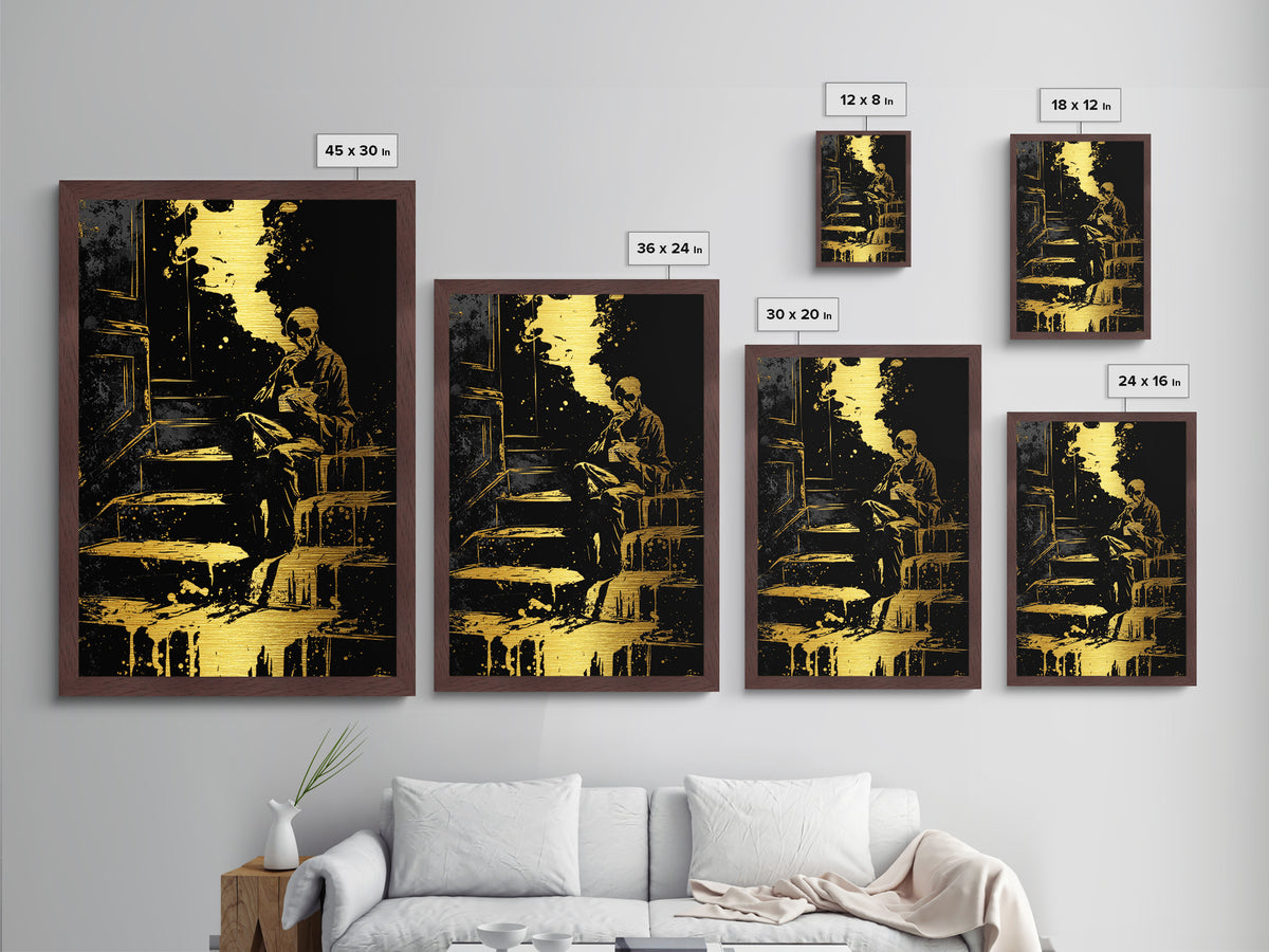 Gothic Skeleton Smoking Metallic Gold Art, Dark Haunted Horror Metal Art With Real Wood Frame, Spooky Gothic Halloween Decor