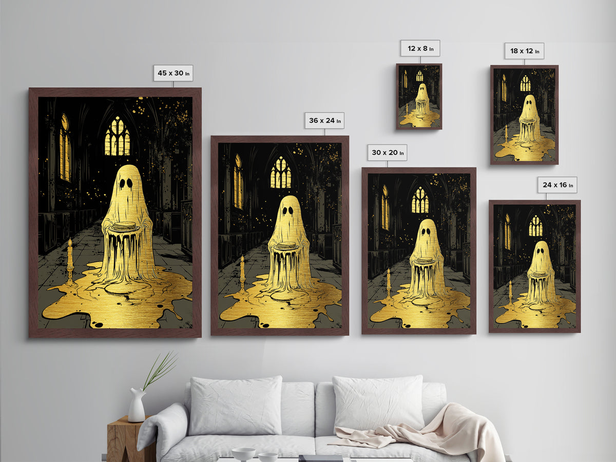 Ghost With Pancakes Metallic Gold Art, Creepy Haunted Cathedral Metal Art In Solid Wood Frame, Spooky Season Halloween Print