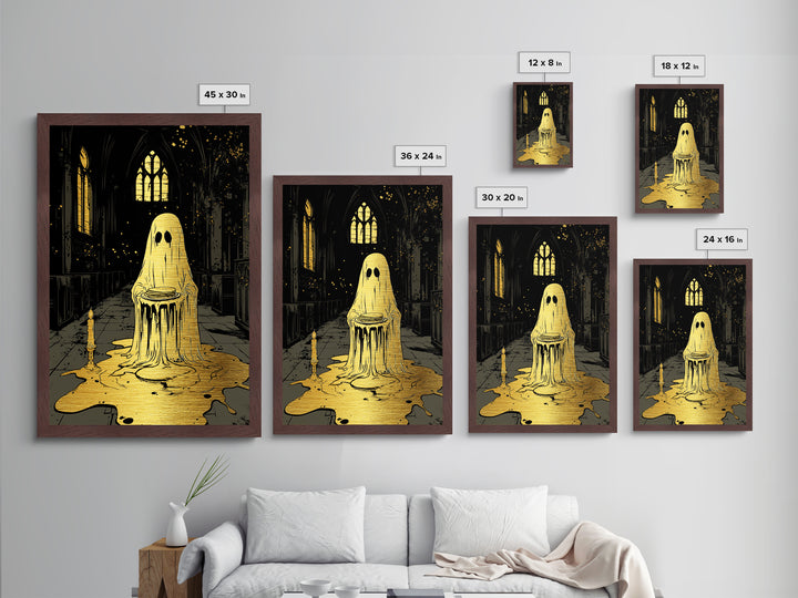 Ghost With Pancakes Metallic Gold Art, Creepy Haunted Cathedral Metal Art In Solid Wood Frame, Spooky Season Halloween Print