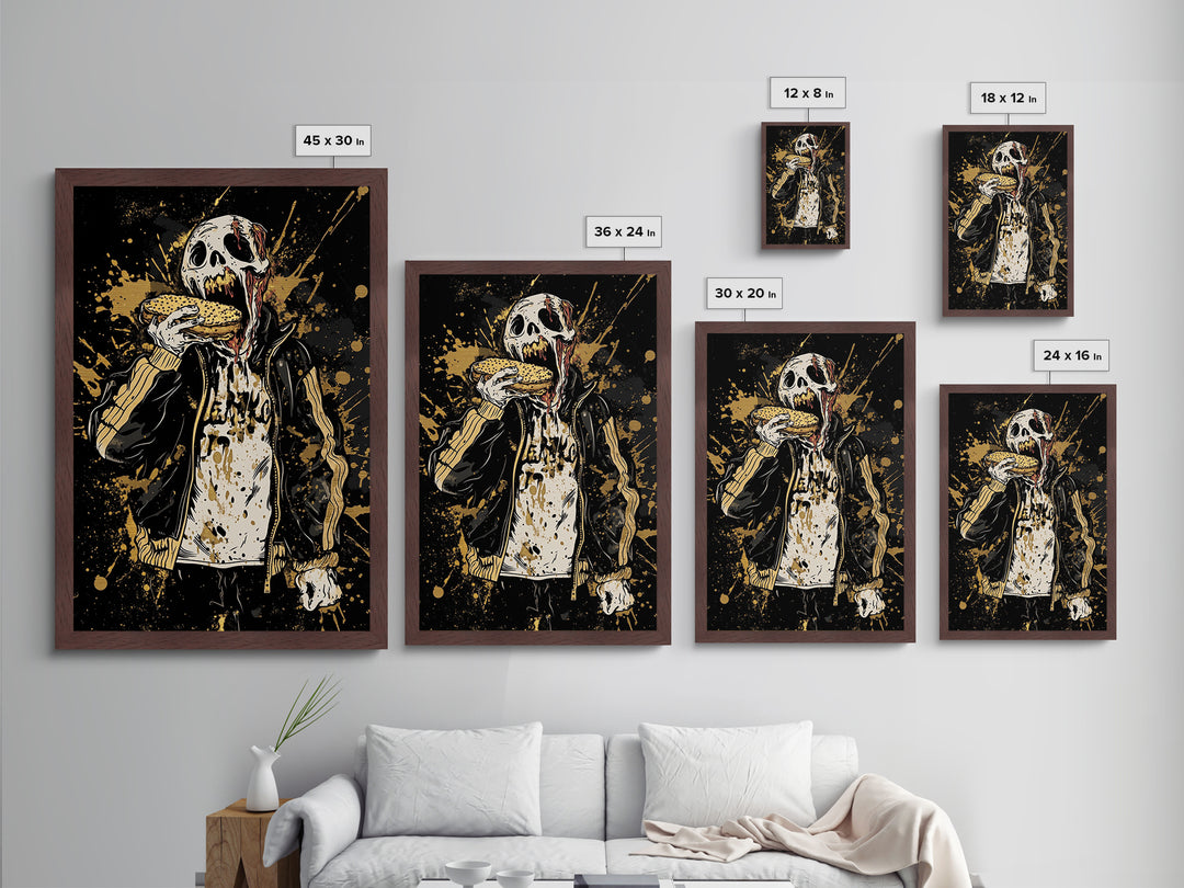 Zombie Eating Burger Metallic Gold Art, Creepy Spooky Halloween Metal Art With Real Wood Framing, Horror Goth Wall Decoration