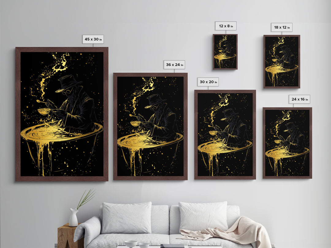 Haunted Alchemist Metallic Gold Art, Gothic Witchy Metal Art Framed In Natural Wood, Spooky Occult Halloween Wall Hanging