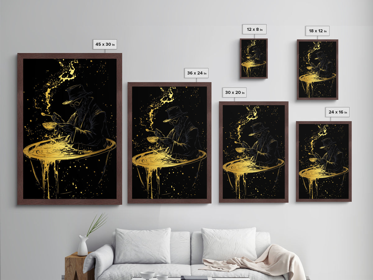 Haunted Alchemist Metallic Gold Art, Gothic Witchy Metal Art Framed In Natural Wood, Spooky Occult Halloween Wall Hanging