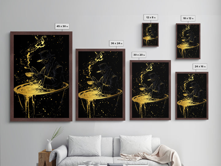 Haunted Alchemist Metallic Gold Art, Gothic Witchy Metal Art Framed In Natural Wood, Spooky Occult Halloween Wall Hanging