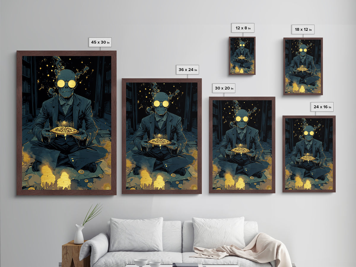 Skeleton Pizza Ritual Metallic Gold Art, Gothic Occult Spooky Season Metal Art In Real Wood Frame, Creepy Haunted Wall Print