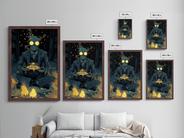 Skeleton Pizza Ritual Metallic Gold Art, Gothic Occult Spooky Season Metal Art In Real Wood Frame, Creepy Haunted Wall Print