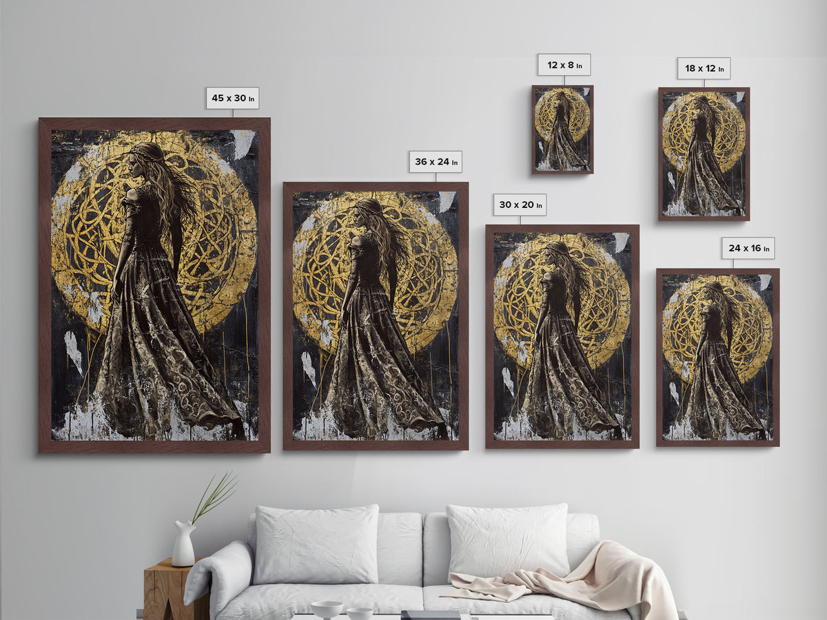 Dark Enchantress Metallic Gold Art, Gothic Halloween Metal Art Wall Hanging, Witchy Painting in Solid Wood Frame