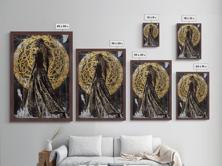 Dark Enchantress Metallic Gold Art, Gothic Halloween Metal Art Wall Hanging, Witchy Painting in Solid Wood Frame