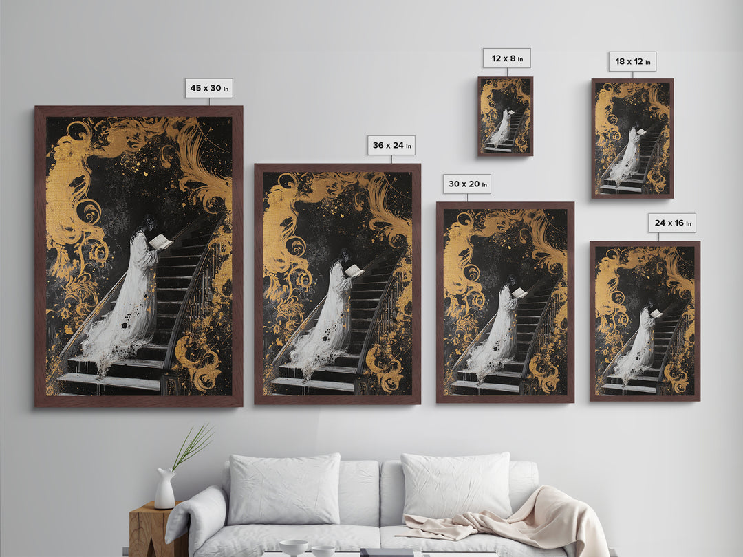 Ghostly Woman On Staircase Metallic Gold Art Metal Art Gothic Haunted Mansion Style Framed In Real Wood