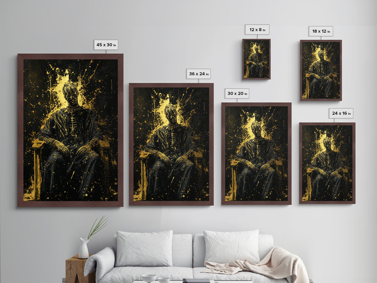 Abstract Haunted Figure On Throne Metallic Gold Art Metal Art Spooky Gothic Drip Painting With Real Wood Frame